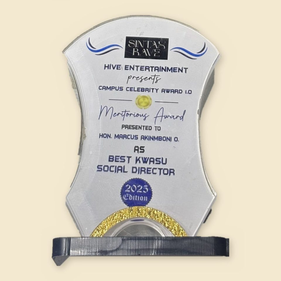 Meritorious Award plaque presented to Hon. Marcus Akinmboni O. as Best KWASU Social Director, 2025 edition