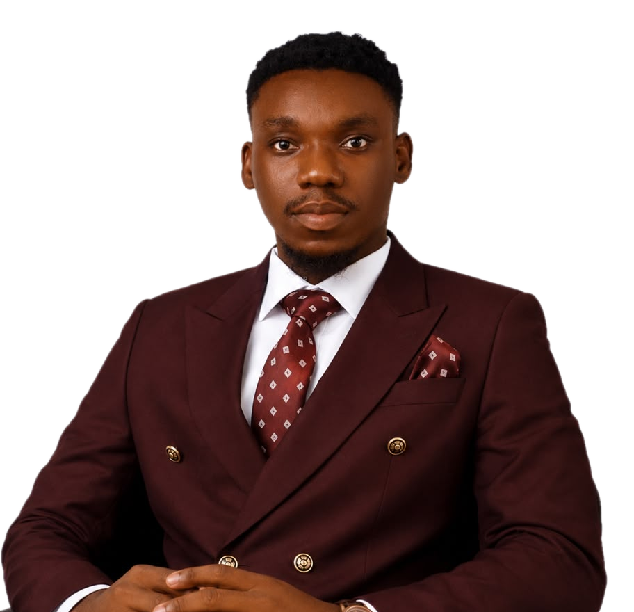 Portrait of Akinmboni Marcus O. in a burgundy double-breasted suit